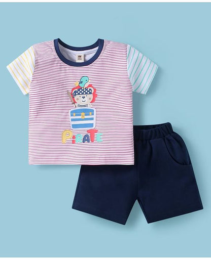 ToffyHouse Half Sleeves T-Shirt & Shorts Set with Stripe & Teddy Print - White & Navy Blue