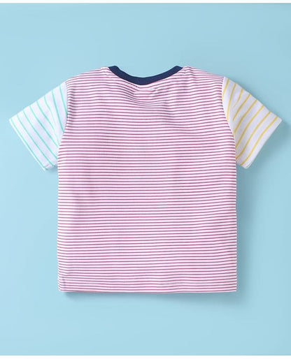 ToffyHouse Half Sleeves T-Shirt & Shorts Set with Stripe & Teddy Print - White & Navy Blue