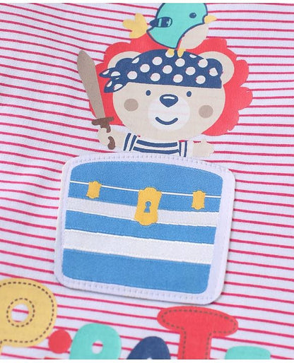 ToffyHouse Half Sleeves T-Shirt & Shorts Set with Stripe & Teddy Print - White & Navy Blue