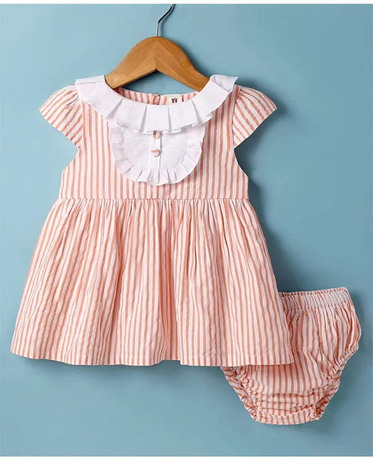 ToffyHouse Cotton Woven Half Cap Sleeves Striped Frock with Bloomer - Orange