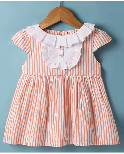 ToffyHouse Cotton Woven Half Cap Sleeves Striped Frock with Bloomer - Orange