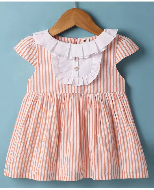ToffyHouse Cotton Woven Half Cap Sleeves Striped Frock with Bloomer - Orange