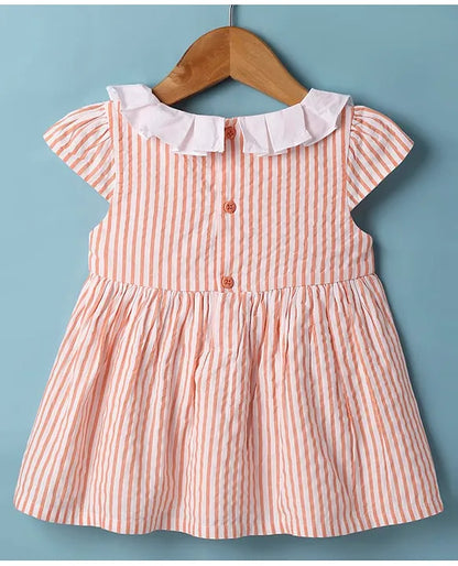 ToffyHouse Cotton Woven Half Cap Sleeves Striped Frock with Bloomer - Orange