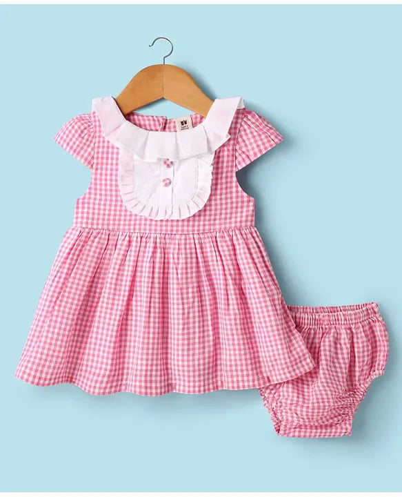 ToffyHouse Cotton Woven Cap Sleeves Checks Frock With Bloomer - Pink