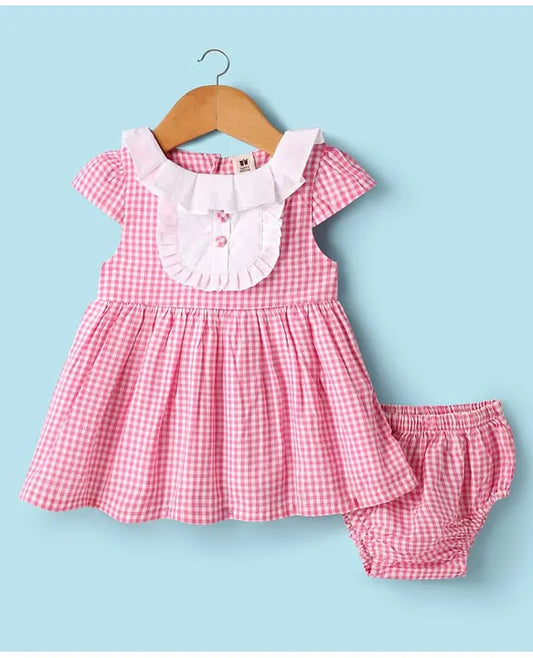 ToffyHouse Cotton Woven Cap Sleeves Checks Frock With Bloomer - Pink