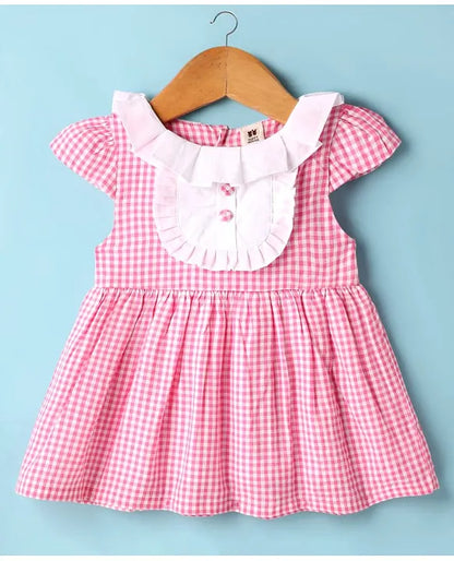 ToffyHouse Cotton Woven Cap Sleeves Checks Frock With Bloomer - Pink