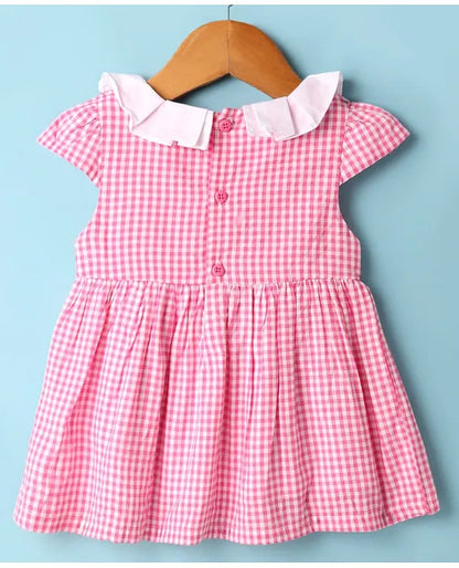 ToffyHouse Cotton Woven Cap Sleeves Checks Frock With Bloomer - Pink