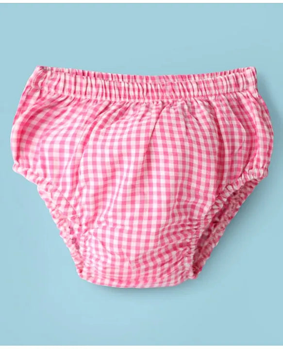 ToffyHouse Cotton Woven Cap Sleeves Checks Frock With Bloomer - Pink