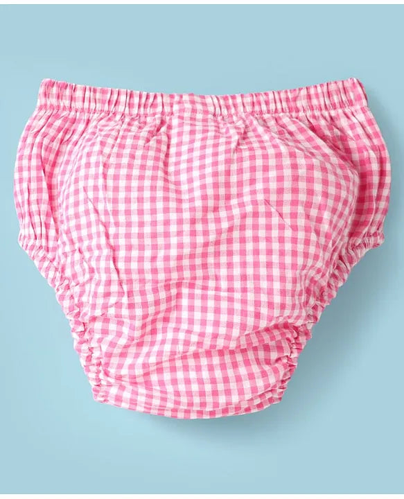 ToffyHouse Cotton Woven Cap Sleeves Checks Frock With Bloomer - Pink