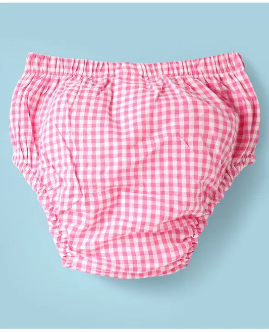 ToffyHouse Cotton Woven Cap Sleeves Checks Frock With Bloomer - Pink