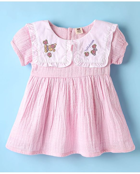 ToffyHouse Cotton Woven Half Sleeves Frock With Floral Embroidery & Bloomers - Pink