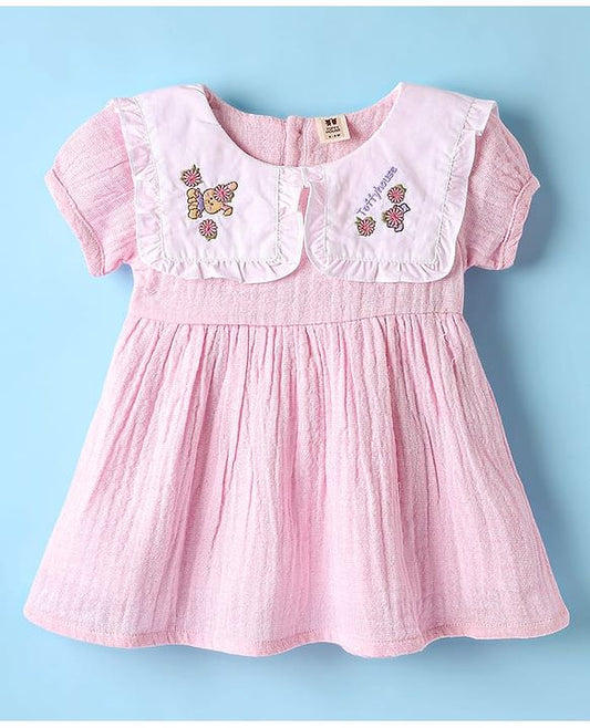 ToffyHouse Cotton Woven Half Sleeves Frock With Floral Embroidery & Bloomers - Pink