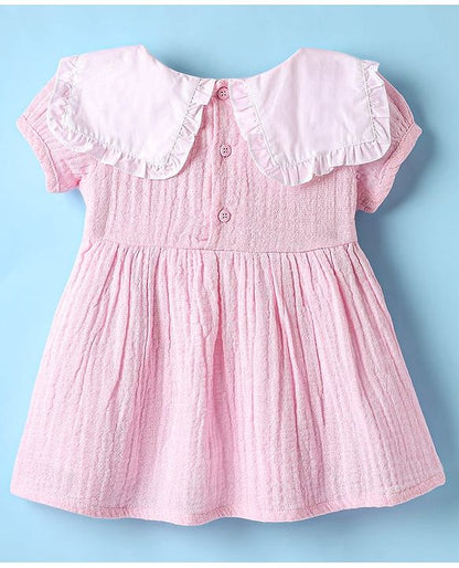 ToffyHouse Cotton Woven Half Sleeves Frock With Floral Embroidery & Bloomers - Pink