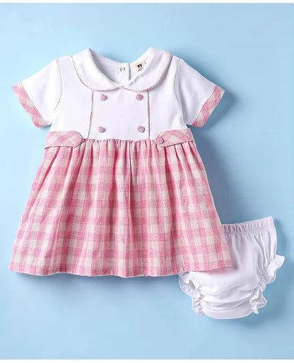 ToffyHouse Cotton Woven Half Sleeves Frock With Peter Pan Collar Bloomers Checks Print - Pink