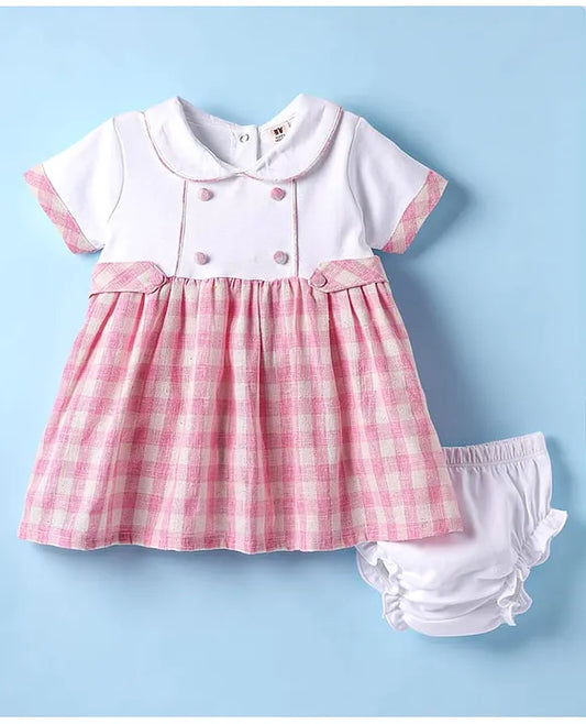ToffyHouse Cotton Woven Half Sleeves Frock With Peter Pan Collar Bloomers Checks Print - Pink