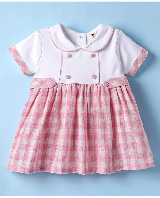 ToffyHouse Cotton Woven Half Sleeves Frock With Peter Pan Collar Bloomers Checks Print - Pink