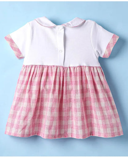 ToffyHouse Cotton Woven Half Sleeves Frock With Peter Pan Collar Bloomers Checks Print - Pink