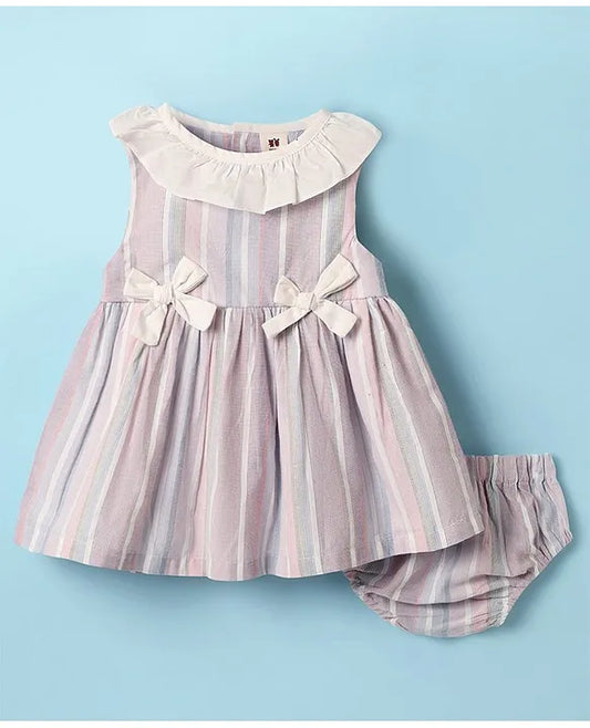 ToffyHouse Cotton Woven Sleeveless Striped Frock with Bloomer & Bow Applique - White