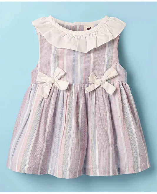 ToffyHouse Cotton Woven Sleeveless Striped Frock with Bloomer & Bow Applique - White