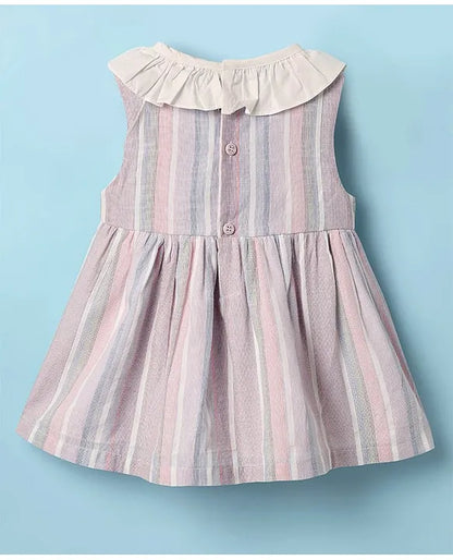 ToffyHouse Cotton Woven Sleeveless Striped Frock with Bloomer & Bow Applique - White