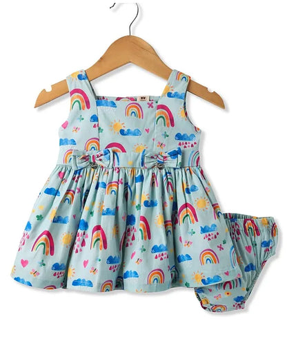 ToffyHouse Cotton Woven Sleeveless Frock With Rainbow Print & Bloomer - Sea Green