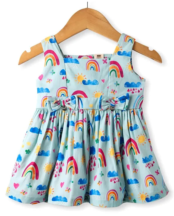 ToffyHouse Cotton Woven Sleeveless Frock With Rainbow Print & Bloomer - Sea Green
