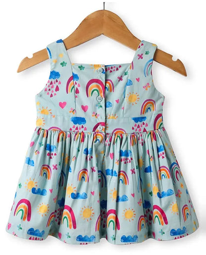 ToffyHouse Cotton Woven Sleeveless Frock With Rainbow Print & Bloomer - Sea Green