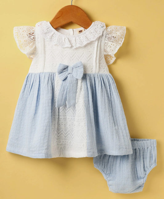 ToffyHouse  Half Frill Sleeves  Frock With Bow Applique & Bloomer - White & Light Blue
