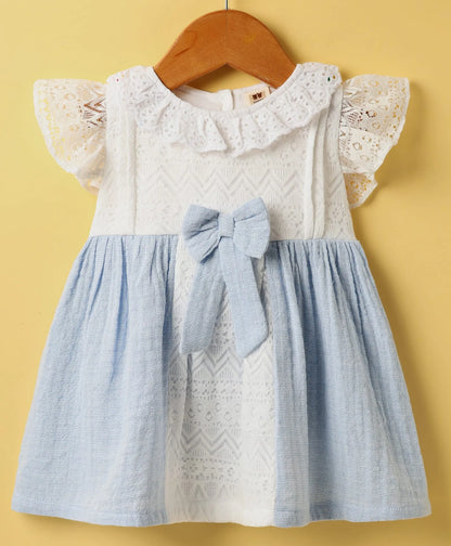 ToffyHouse  Half Frill Sleeves  Frock With Bow Applique & Bloomer - White & Light Blue