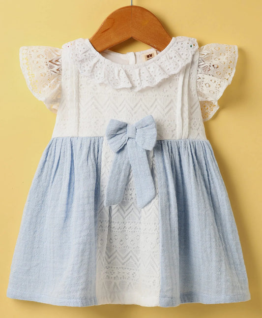 ToffyHouse  Half Frill Sleeves  Frock With Bow Applique & Bloomer - White & Light Blue