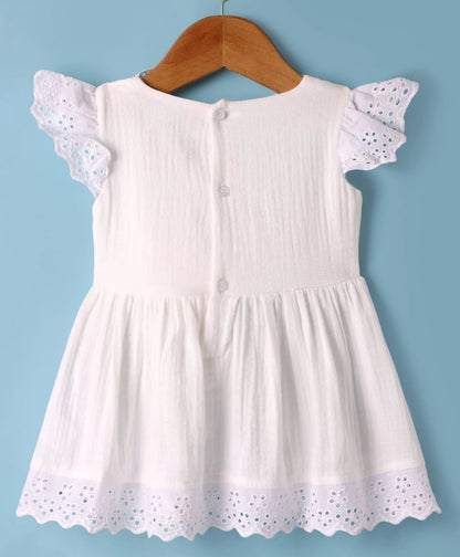 ToffyHouse Frill Sleeves Solid Frock With Bow Applique & Bloomer - Off White