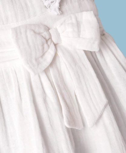 ToffyHouse Frill Sleeves Solid Frock With Bow Applique & Bloomer - Off White