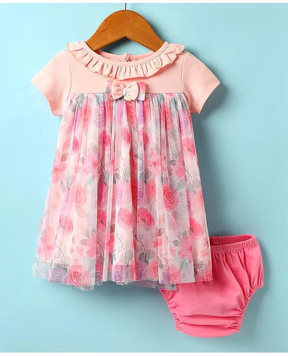 ToffyHouse Cotton Woven Half Sleeves Floral Printed Frock With Bow Applique & Bloomer - Peach