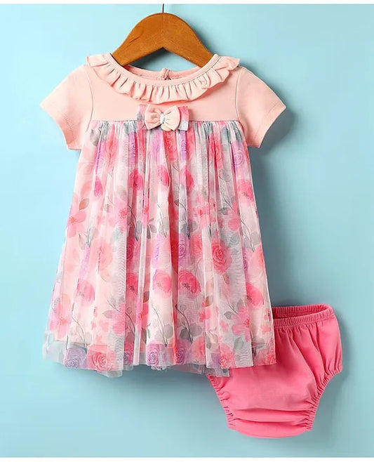 ToffyHouse Cotton Woven Half Sleeves Floral Printed Frock With Bow Applique & Bloomer - Peach