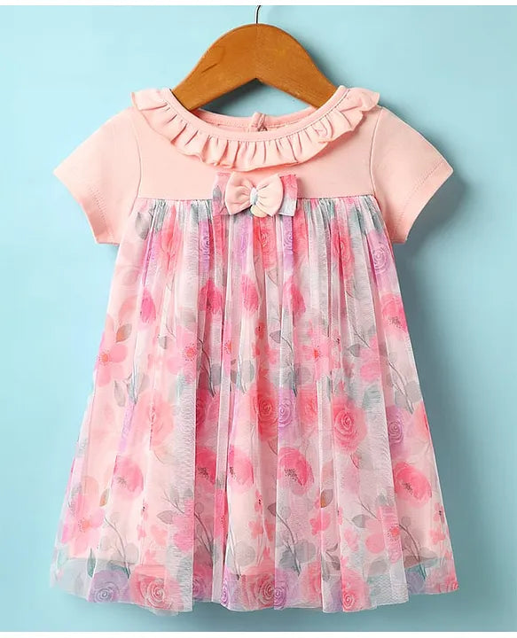 ToffyHouse Cotton Woven Half Sleeves Floral Printed Frock With Bow Applique & Bloomer - Peach