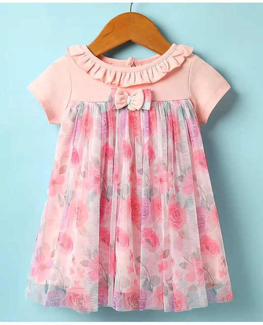ToffyHouse Cotton Woven Half Sleeves Floral Printed Frock With Bow Applique & Bloomer - Peach