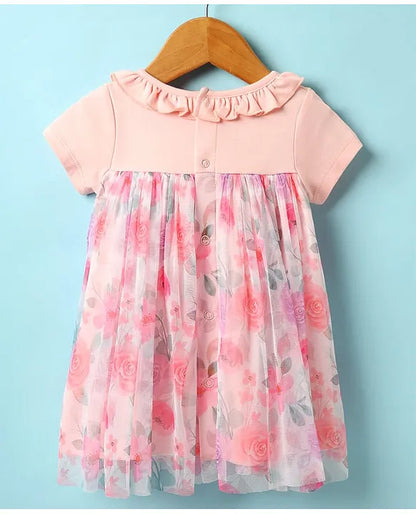 ToffyHouse Cotton Woven Half Sleeves Floral Printed Frock With Bow Applique & Bloomer - Peach