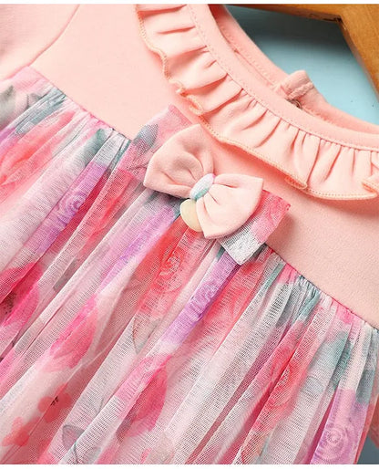 ToffyHouse Cotton Woven Half Sleeves Floral Printed Frock With Bow Applique & Bloomer - Peach