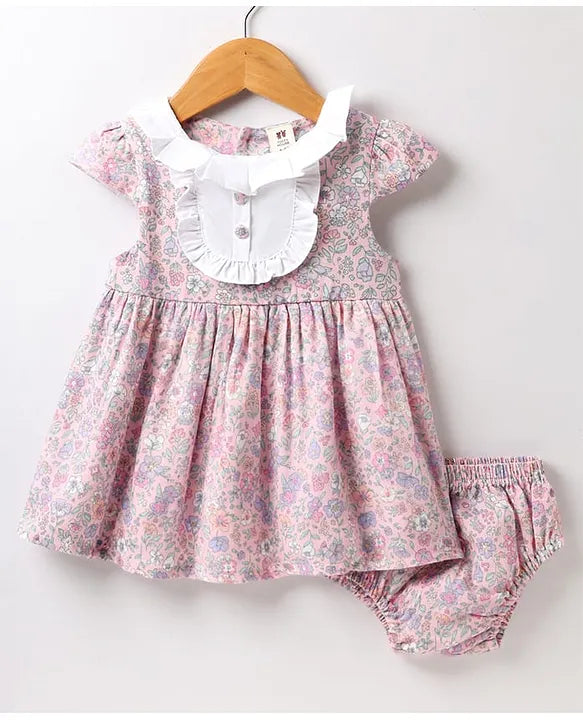 ToffyHouse Cotton Woven Cap Sleeves Floral Printed Frock With Bloomer - Lavender