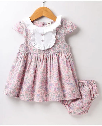 ToffyHouse Cotton Woven Cap Sleeves Floral Printed Frock With Bloomer - Lavender