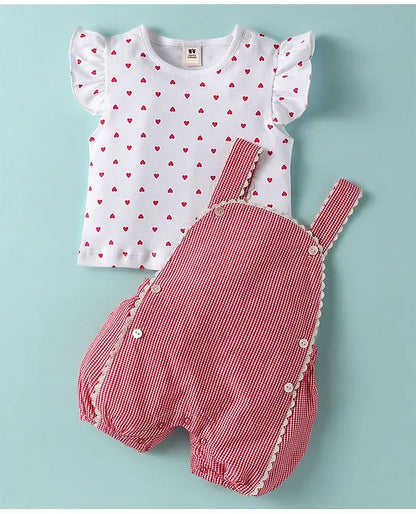 ToffyHouse Cotton Woven Checkered Dungaree & Frill Sleeves Inner Tee with Hearts Print - Red & White