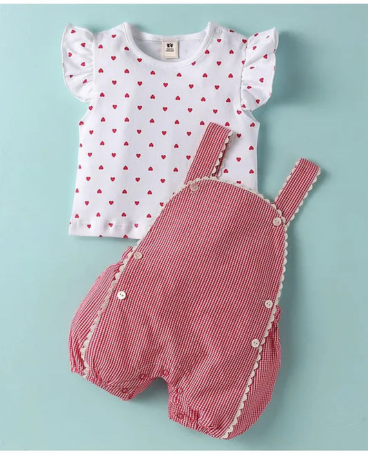 ToffyHouse Cotton Woven Checkered Dungaree & Frill Sleeves Inner Tee with Hearts Print - Red & White