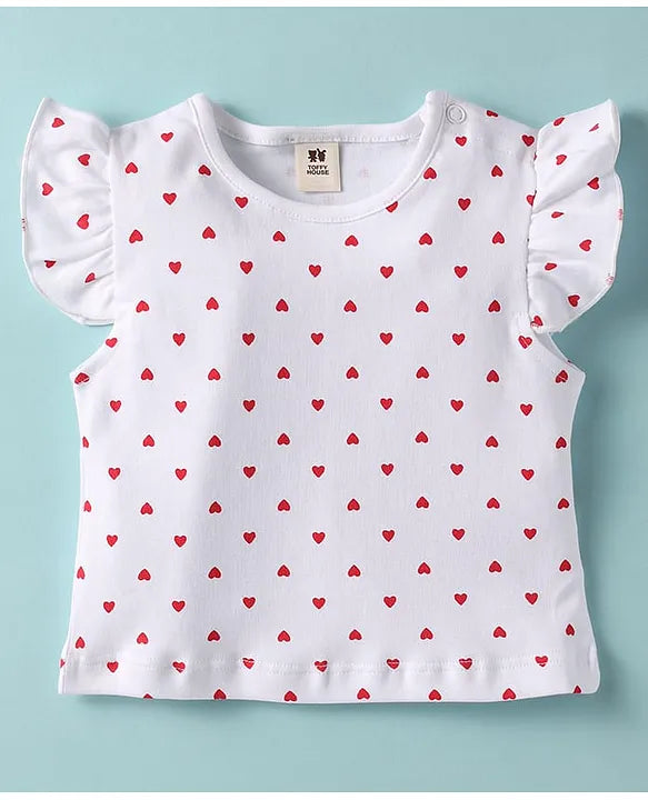 ToffyHouse Cotton Woven Checkered Dungaree & Frill Sleeves Inner Tee with Hearts Print - Red & White