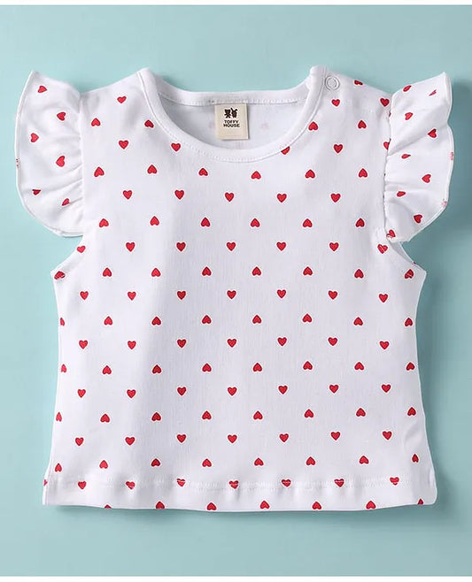 ToffyHouse Cotton Woven Checkered Dungaree & Frill Sleeves Inner Tee with Hearts Print - Red & White