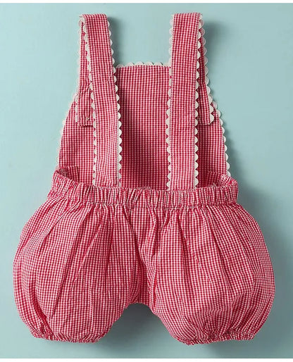 ToffyHouse Cotton Woven Checkered Dungaree & Frill Sleeves Inner Tee with Hearts Print - Red & White
