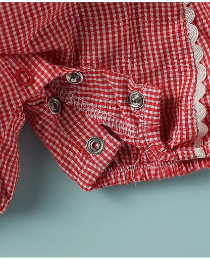 ToffyHouse Cotton Woven Checkered Dungaree & Frill Sleeves Inner Tee with Hearts Print - Red & White
