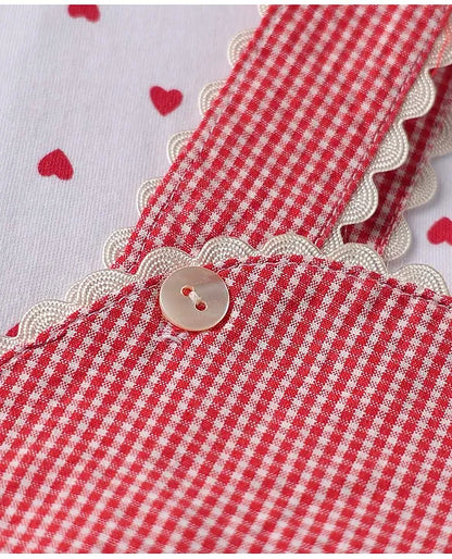ToffyHouse Cotton Woven Checkered Dungaree & Frill Sleeves Inner Tee with Hearts Print - Red & White
