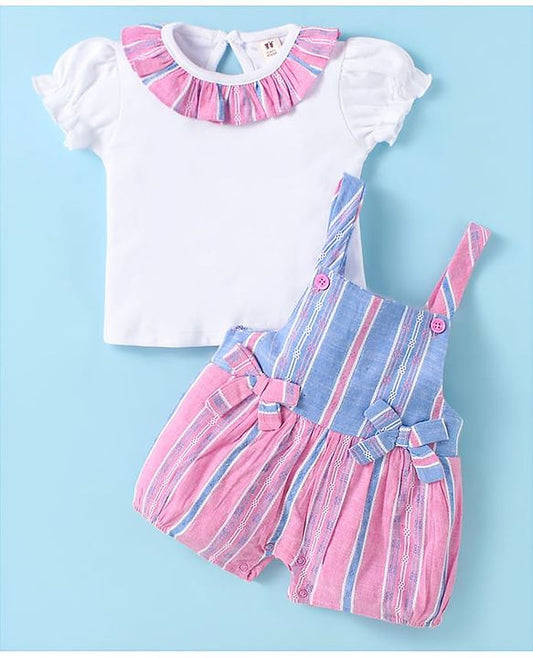 ToffyHouse  Half Sleeves Dungaree & T-Shirt with Stripes - Pink & White