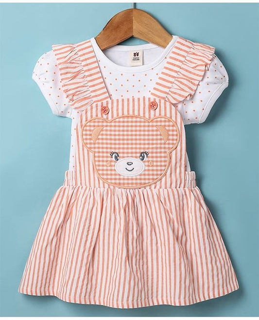 ToffyHouse Frock with Half Puffed Sleeves Inner Tee & Bear Patch - Orange & White