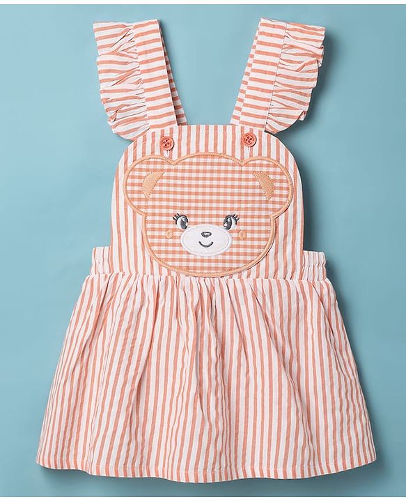ToffyHouse Frock with Half Puffed Sleeves Inner Tee & Bear Patch - Orange & White